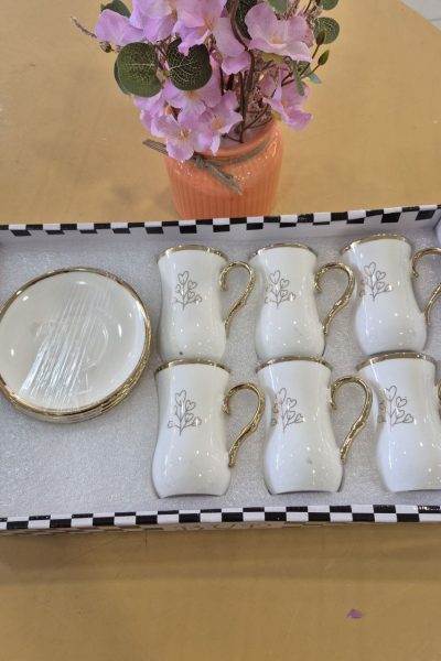 ست فنجان و نعلبکی6 عددی سفید لب طلایی کد15_8467